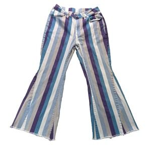 Women's Retro Bell-Bottom Jeans Blue Purple & Grey Striped Super Flare Leg Large